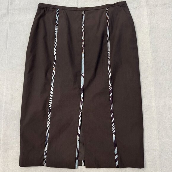 Doncaster Brown Lined Pencil Skirt Silk Trimmed Abstract Print Insets 6 - Picture 2 of 7